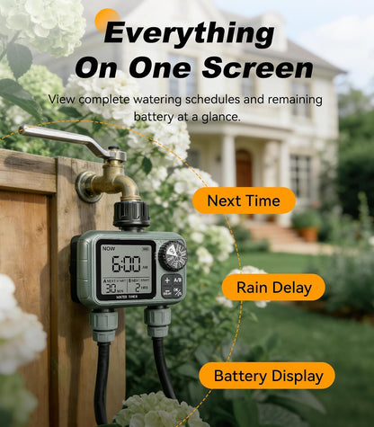 Sprinkler Timer 2 Zone, Water Timers for Garden Hose, Brass Inlet, Programmable Hose Timer with Rain Delay/Manual Modes, Faucet Timers for Lawn, Yard