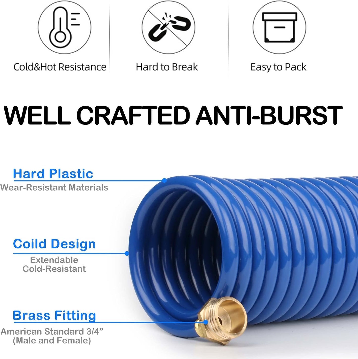 15FT Blue EVA Coil Garden Hose with Metal Fittings