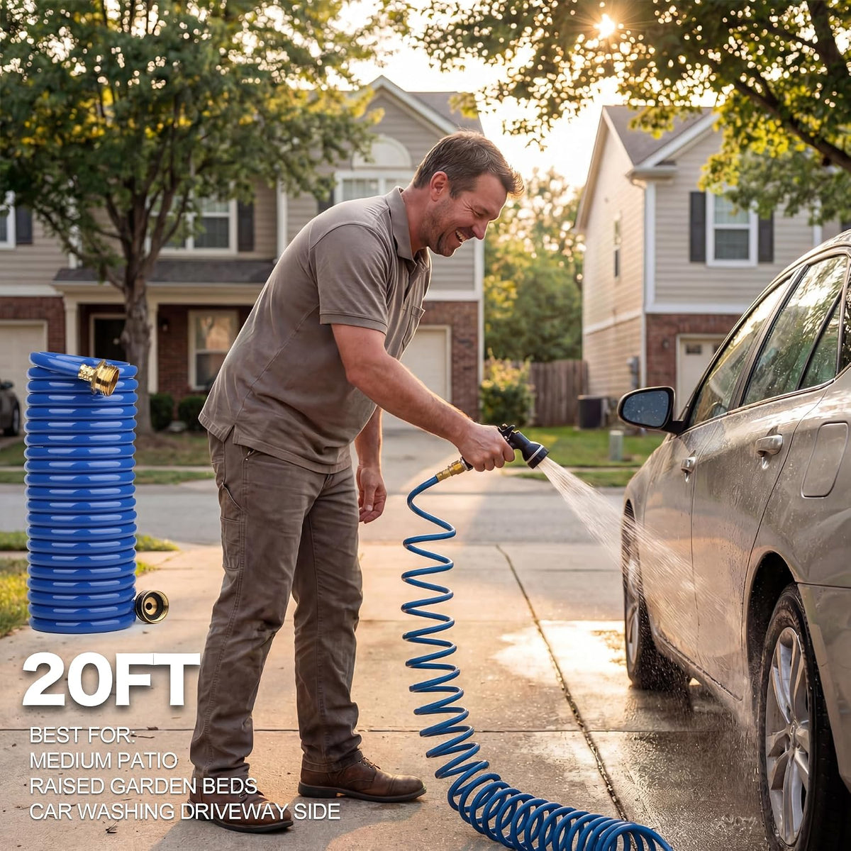 15FT Blue EVA Coil Garden Hose with Metal Fittings