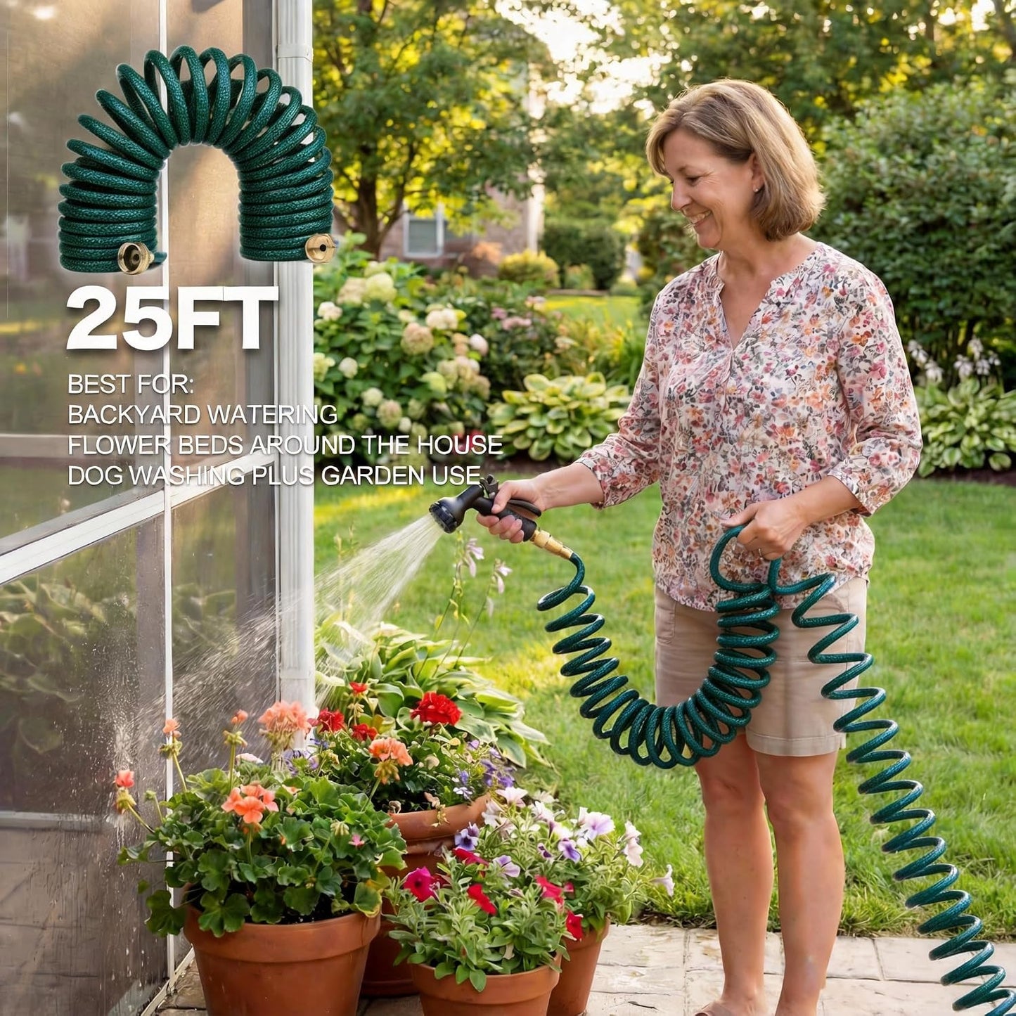 15FT Blue EVA Coil Garden Hose with Metal Fittings