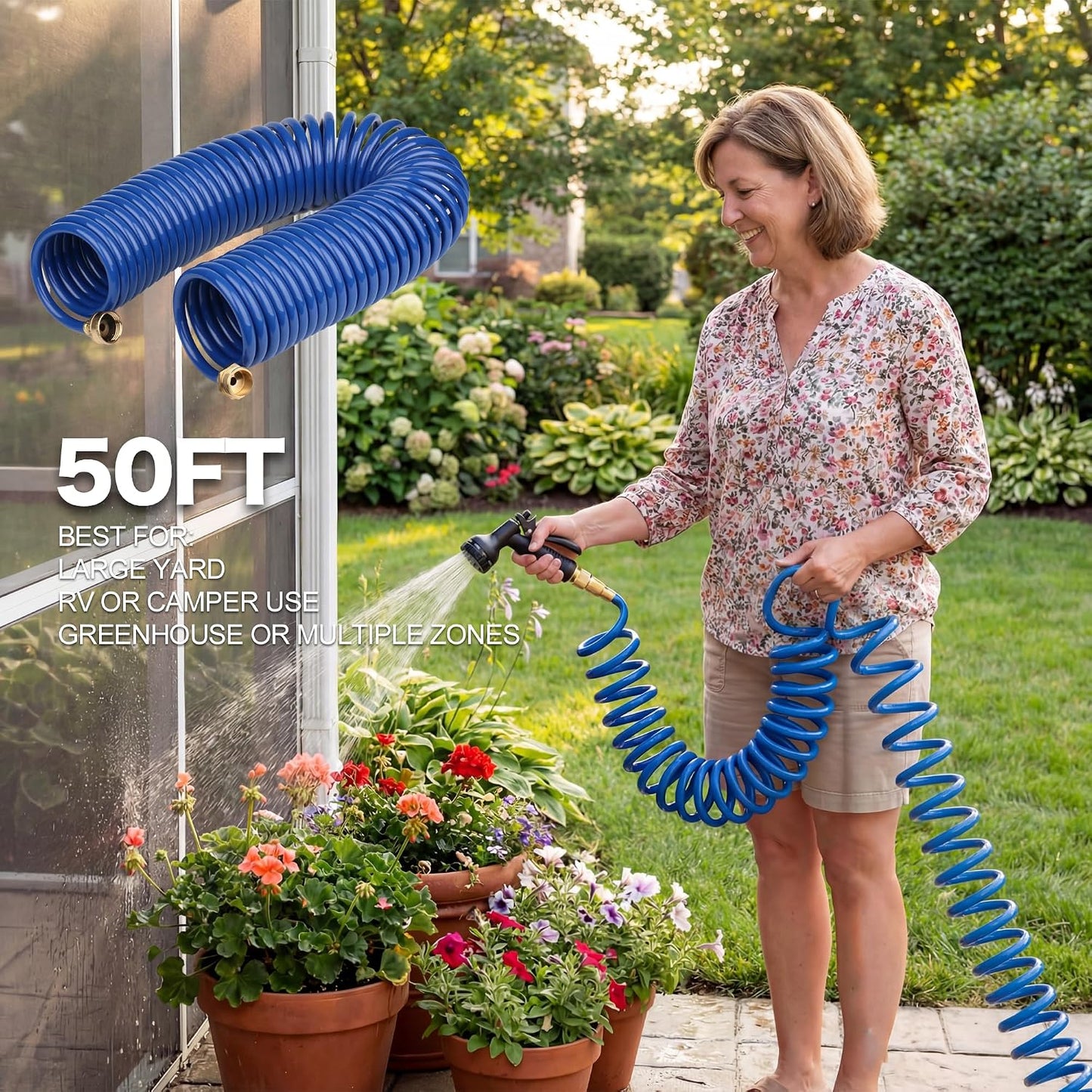 15FT Blue EVA Coil Garden Hose with Metal Fittings