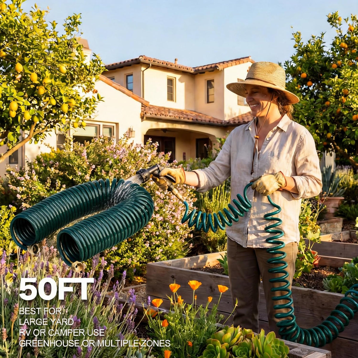 15FT Blue EVA Coil Garden Hose with Metal Fittings