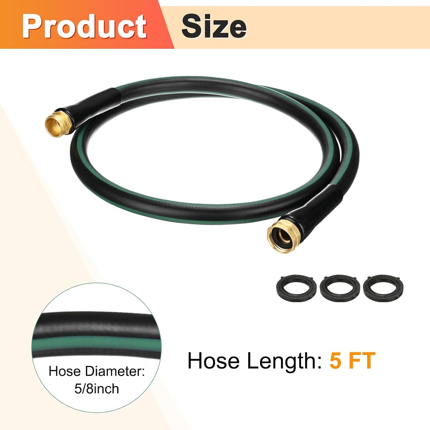 Garden Hose 5/8 Inch x 5 FT, Flexible PVC Leader Hose, Leakproof Water Hose with Swivel Handle, Male to Female Fittings, Burst 600 PSI [Black Green]