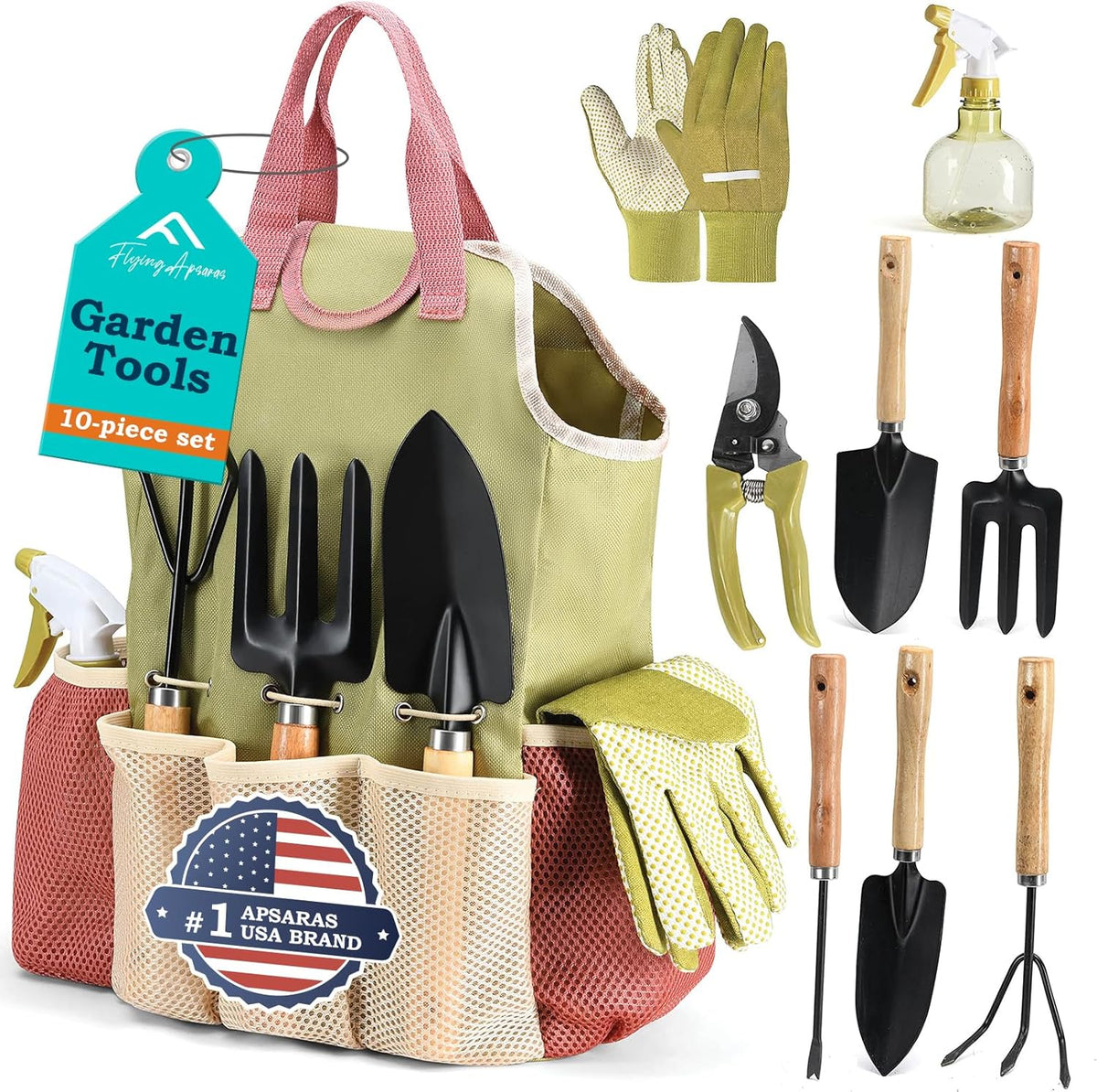 APSARAS USA Gardening Tools, Garden Tool Set, 10 Pieces Heavy Duty Sturdy Steel Gardening Tool Set with 600D Oxford Cloth Storage Tote Bag, Durable Supplies Kit Perfect Garden Gifts for Father