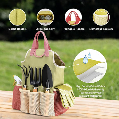 APSARAS USA Gardening Tools, Garden Tool Set, 10 Pieces Heavy Duty Sturdy Steel Gardening Tool Set with 600D Oxford Cloth Storage Tote Bag, Durable Supplies Kit Perfect Garden Gifts for Father