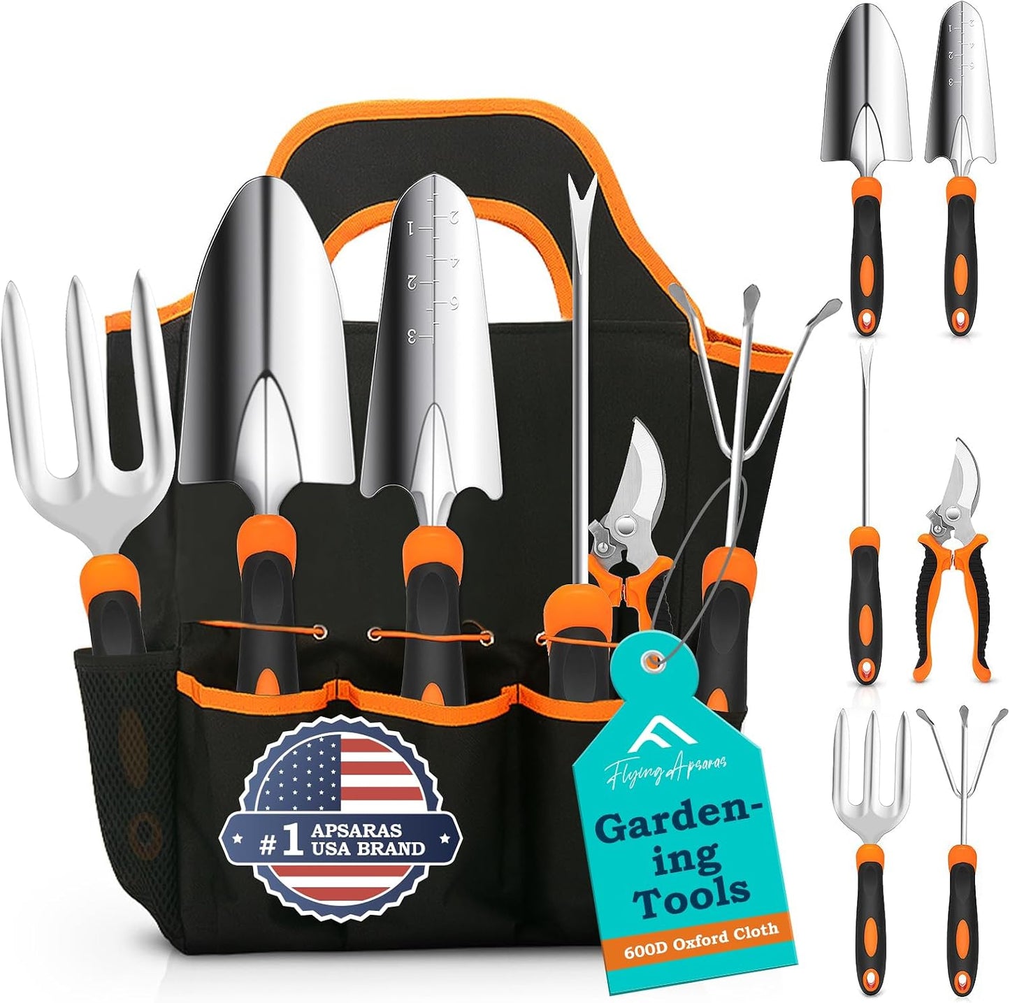 APSARAS USA Gardening Tools, Garden Tool Set, 10 Pieces Heavy Duty Sturdy Steel Gardening Tool Set with 600D Oxford Cloth Storage Tote Bag, Durable Supplies Kit Perfect Garden Gifts for Father