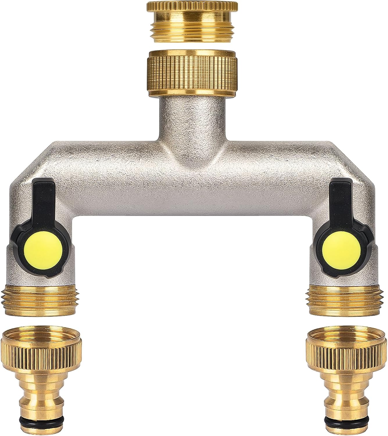 2 Way Heavy Duty Faucet Splitter, Two Way Hose Splitter Brass Tee Valve with Handle 3/4" Garden Hose Connector Dual Outlet, Spigot Splitter 2 Way for Home, Yard, Washing Machine, Garden Hoses
