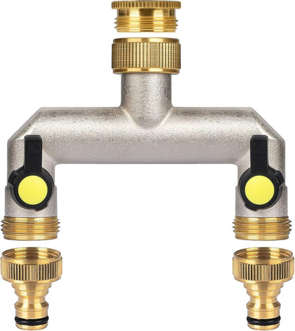 2 Way Heavy Duty Faucet Splitter, Two Way Hose Splitter Brass Tee Valve with Handle 3/4" Garden Hose Connector Dual Outlet, Spigot Splitter 2 Way for Home, Yard, Washing Machine, Garden Hoses