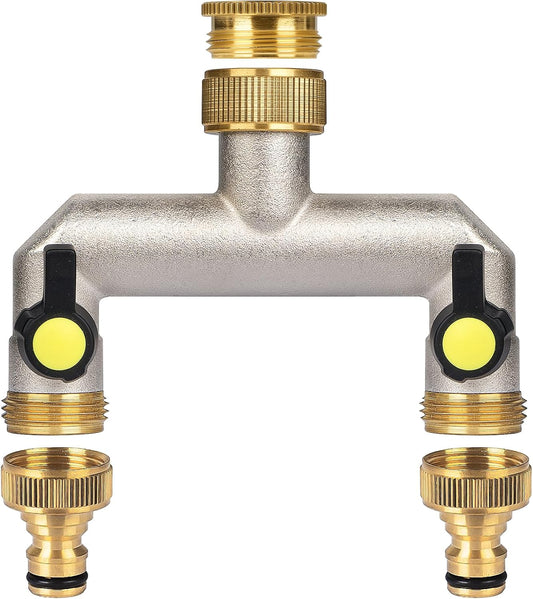 2 Way Heavy Duty Faucet Splitter, Two Way Hose Splitter Brass Tee Valve with Handle 3/4" Garden Hose Connector Dual Outlet, Spigot Splitter 2 Way for Home, Yard, Washing Machine, Garden Hoses