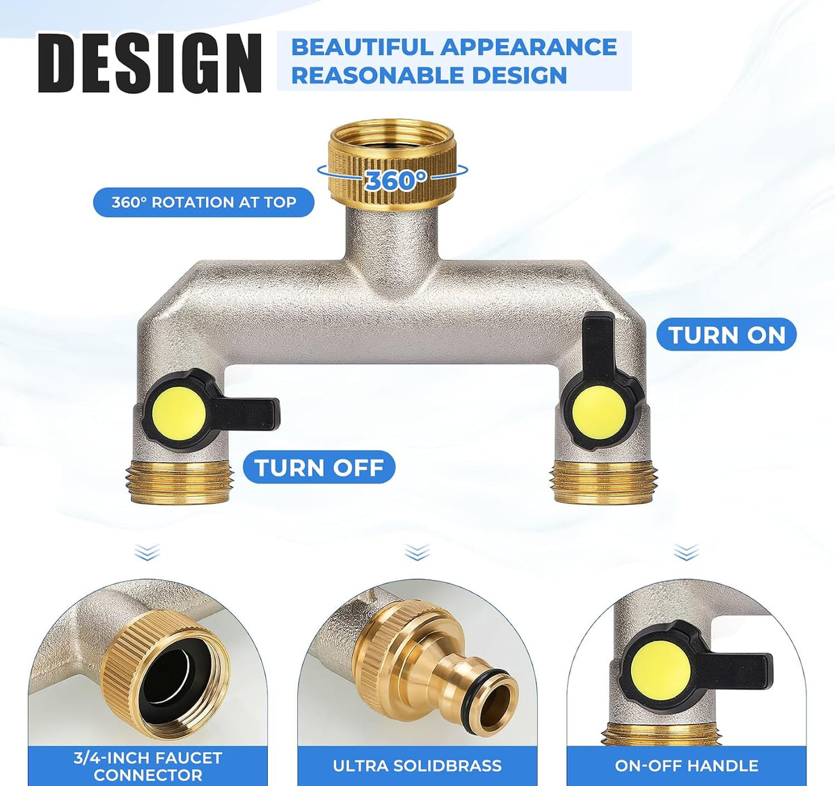2 Way Heavy Duty Faucet Splitter, Two Way Hose Splitter Brass Tee Valve with Handle 3/4" Garden Hose Connector Dual Outlet, Spigot Splitter 2 Way for Home, Yard, Washing Machine, Garden Hoses