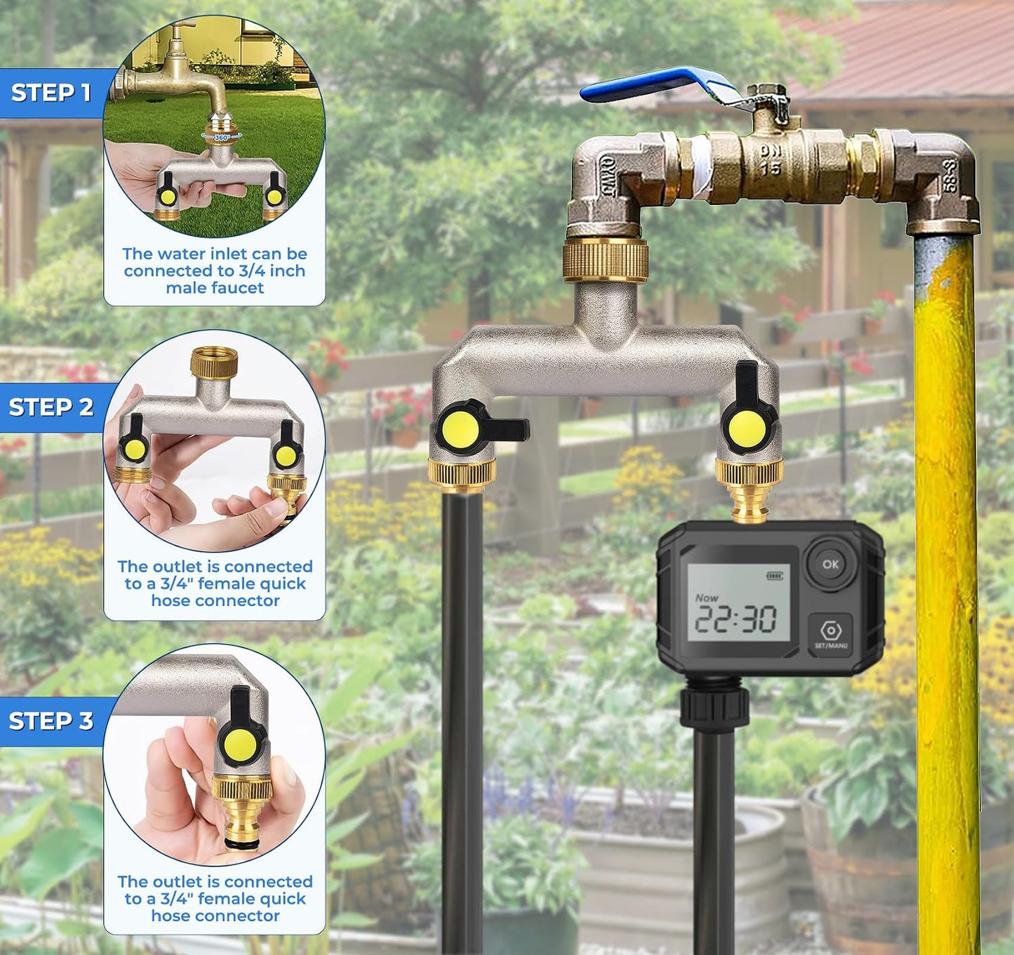 2 Way Heavy Duty Faucet Splitter, Two Way Hose Splitter Brass Tee Valve with Handle 3/4" Garden Hose Connector Dual Outlet, Spigot Splitter 2 Way for Home, Yard, Washing Machine, Garden Hoses