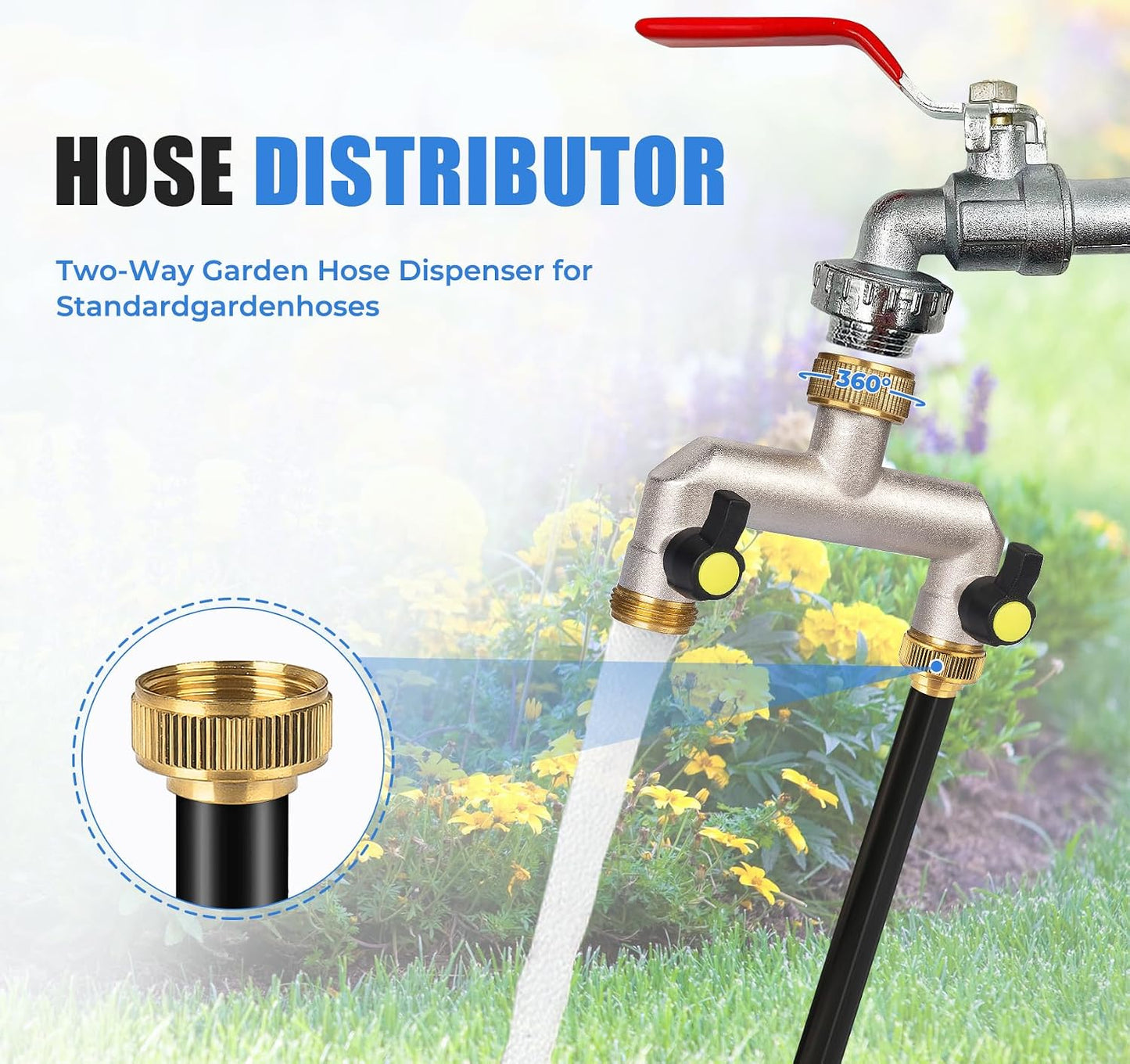 2 Way Heavy Duty Faucet Splitter, Two Way Hose Splitter Brass Tee Valve with Handle 3/4" Garden Hose Connector Dual Outlet, Spigot Splitter 2 Way for Home, Yard, Washing Machine, Garden Hoses