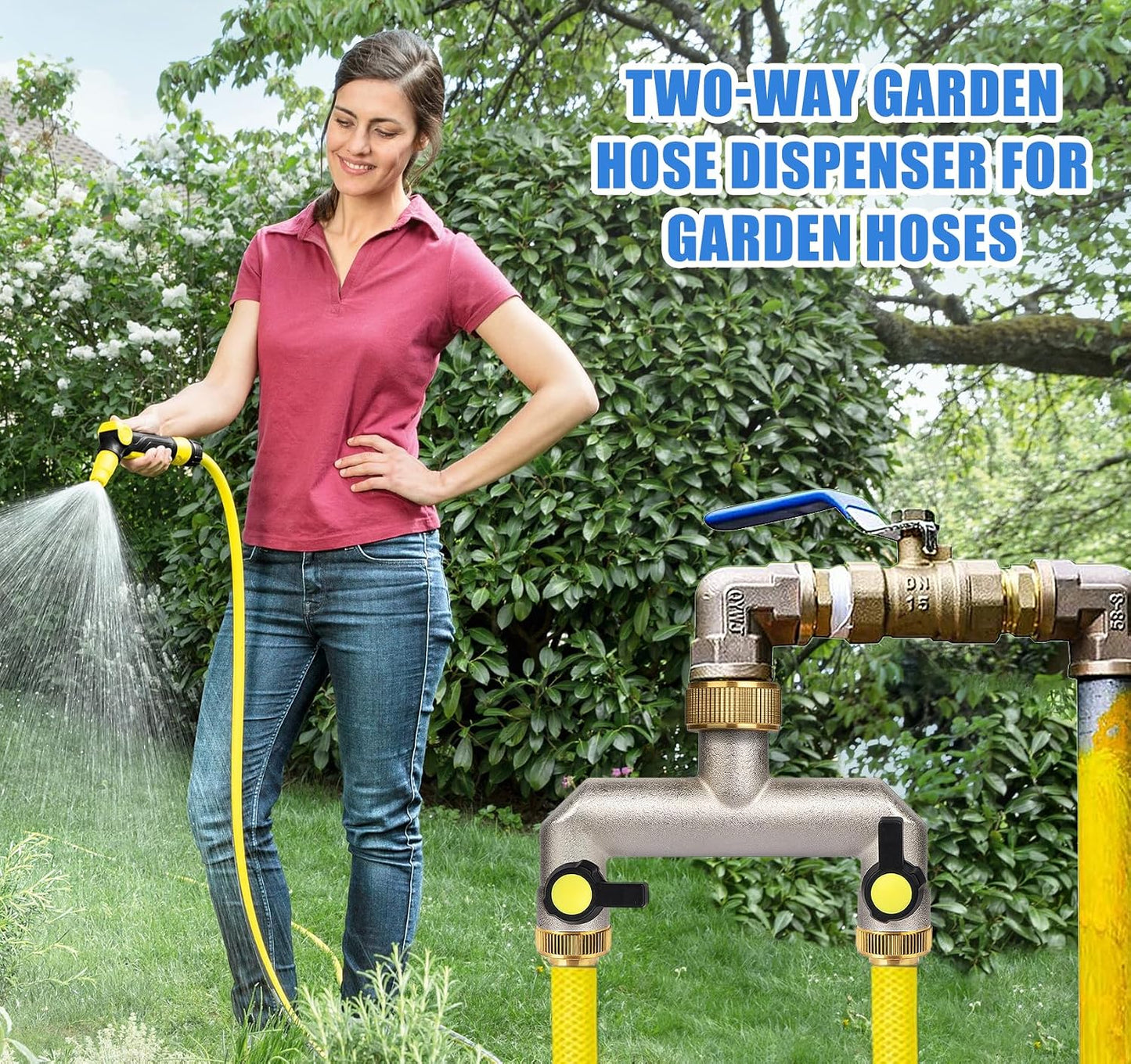 2 Way Heavy Duty Faucet Splitter, Two Way Hose Splitter Brass Tee Valve with Handle 3/4" Garden Hose Connector Dual Outlet, Spigot Splitter 2 Way for Home, Yard, Washing Machine, Garden Hoses