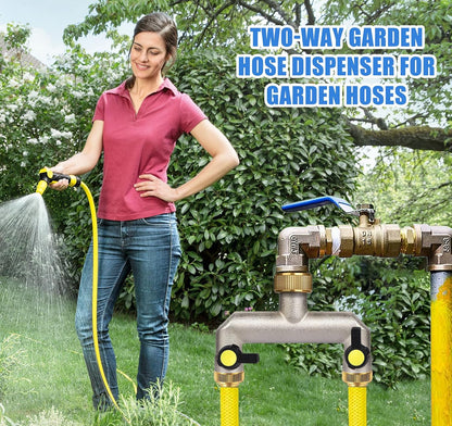 2 Way Heavy Duty Faucet Splitter, Two Way Hose Splitter Brass Tee Valve with Handle 3/4" Garden Hose Connector Dual Outlet, Spigot Splitter 2 Way for Home, Yard, Washing Machine, Garden Hoses