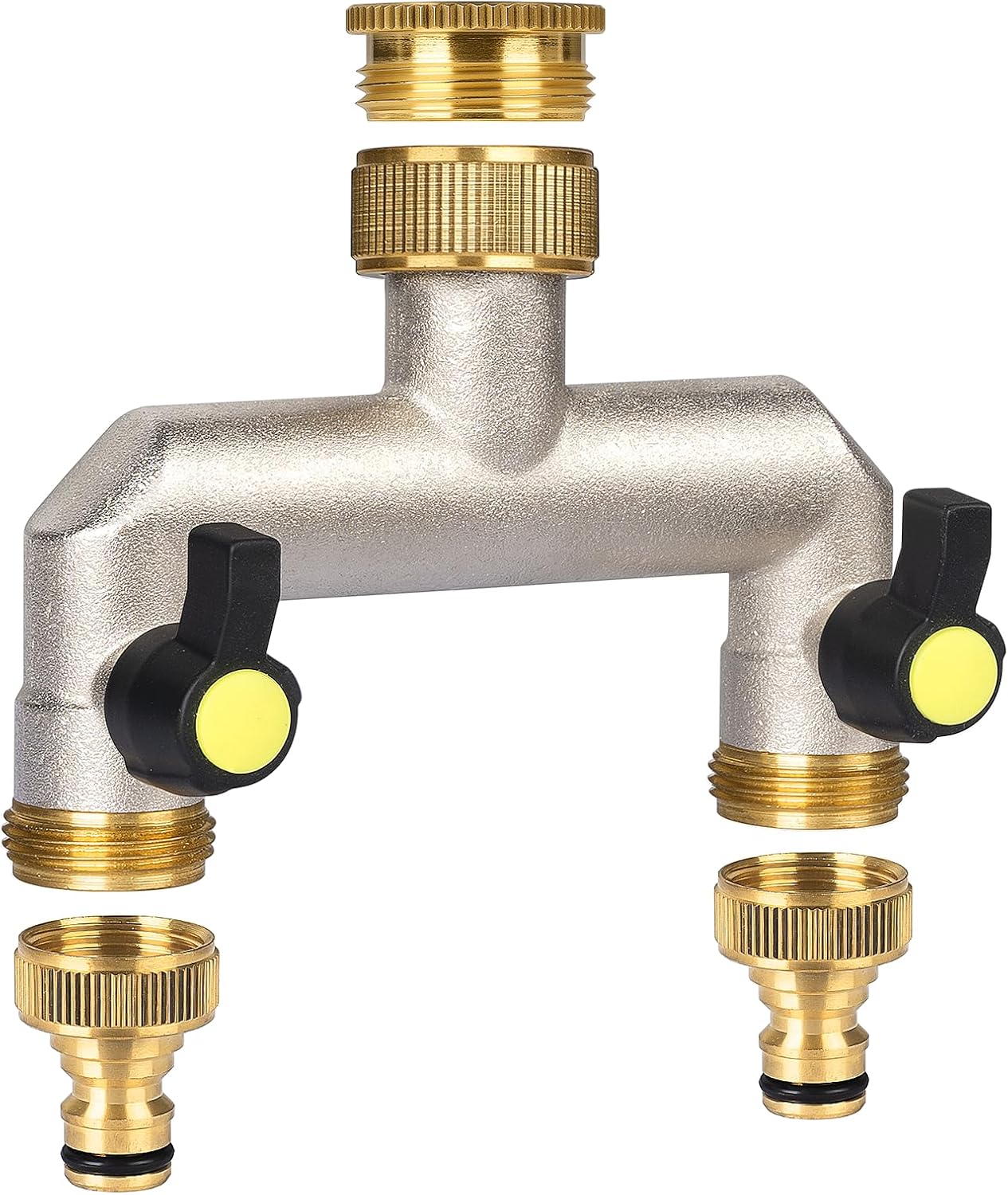 2 Way Heavy Duty Faucet Splitter, Two Way Hose Splitter Brass Tee Valve with Handle 3/4" Garden Hose Connector Dual Outlet, Spigot Splitter 2 Way for Home, Yard, Washing Machine, Garden Hoses