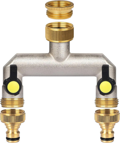 2 Way Heavy Duty Faucet Splitter, Two Way Hose Splitter Brass Tee Valve with Handle 3/4" Garden Hose Connector Dual Outlet, Spigot Splitter 2 Way for Home, Yard, Washing Machine, Garden Hoses