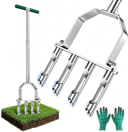 Stainless Steel Aerator Lawn Tool, Manual Core Aerator with 4 Hollow Tines