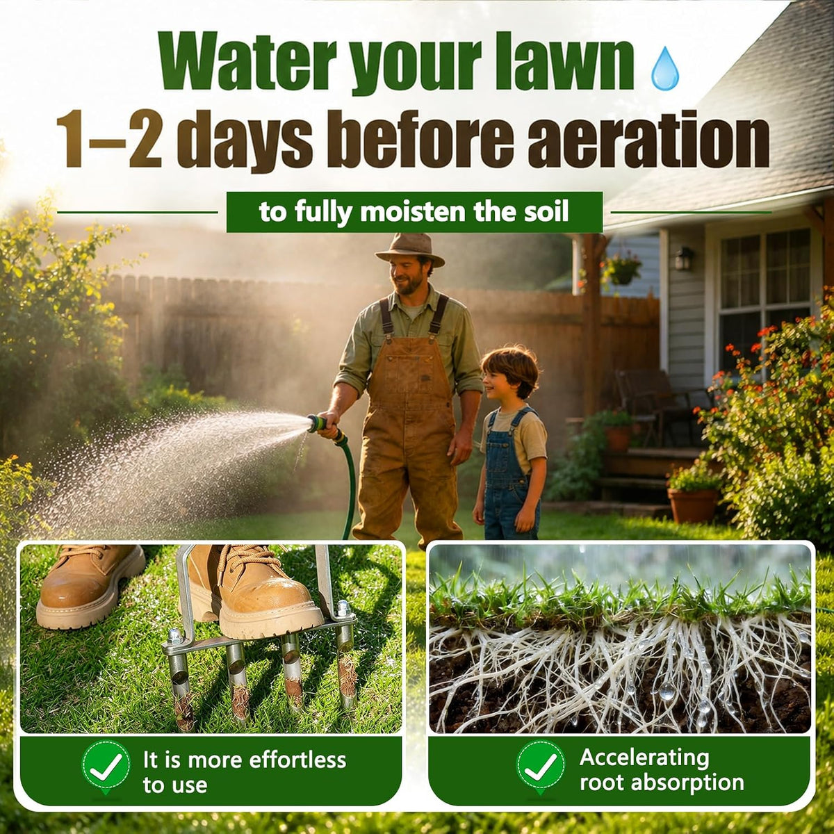 Stainless Steel Aerator Lawn Tool, Manual Core Aerator with 4 Hollow Tines