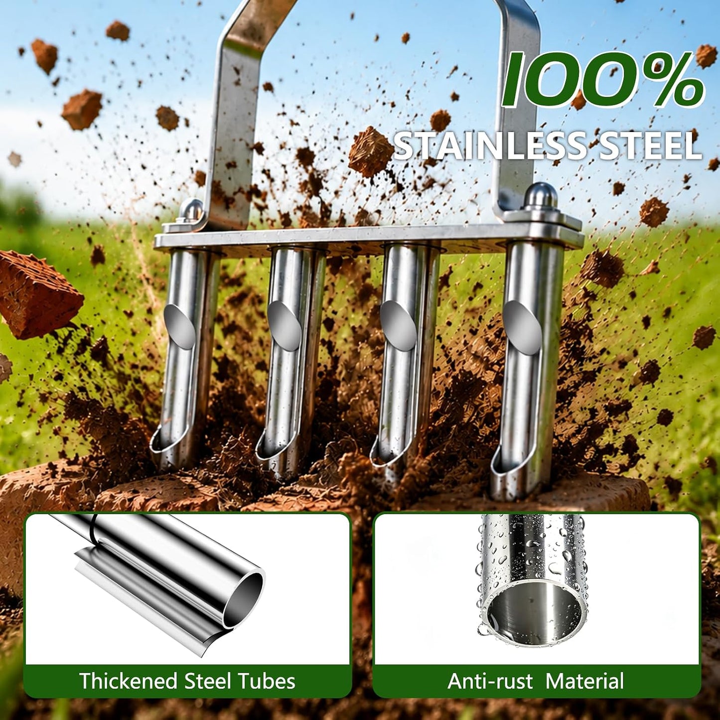 Stainless Steel Aerator Lawn Tool, Manual Core Aerator with 4 Hollow Tines