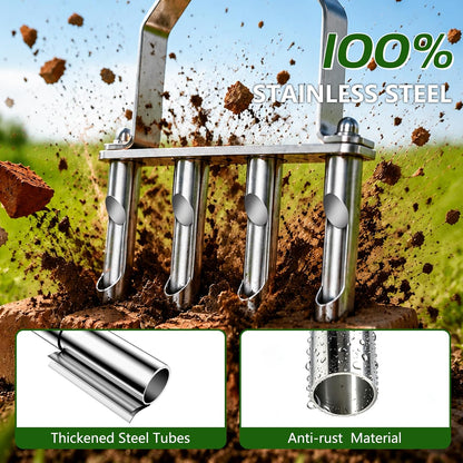 Stainless Steel Aerator Lawn Tool, Manual Core Aerator with 4 Hollow Tines