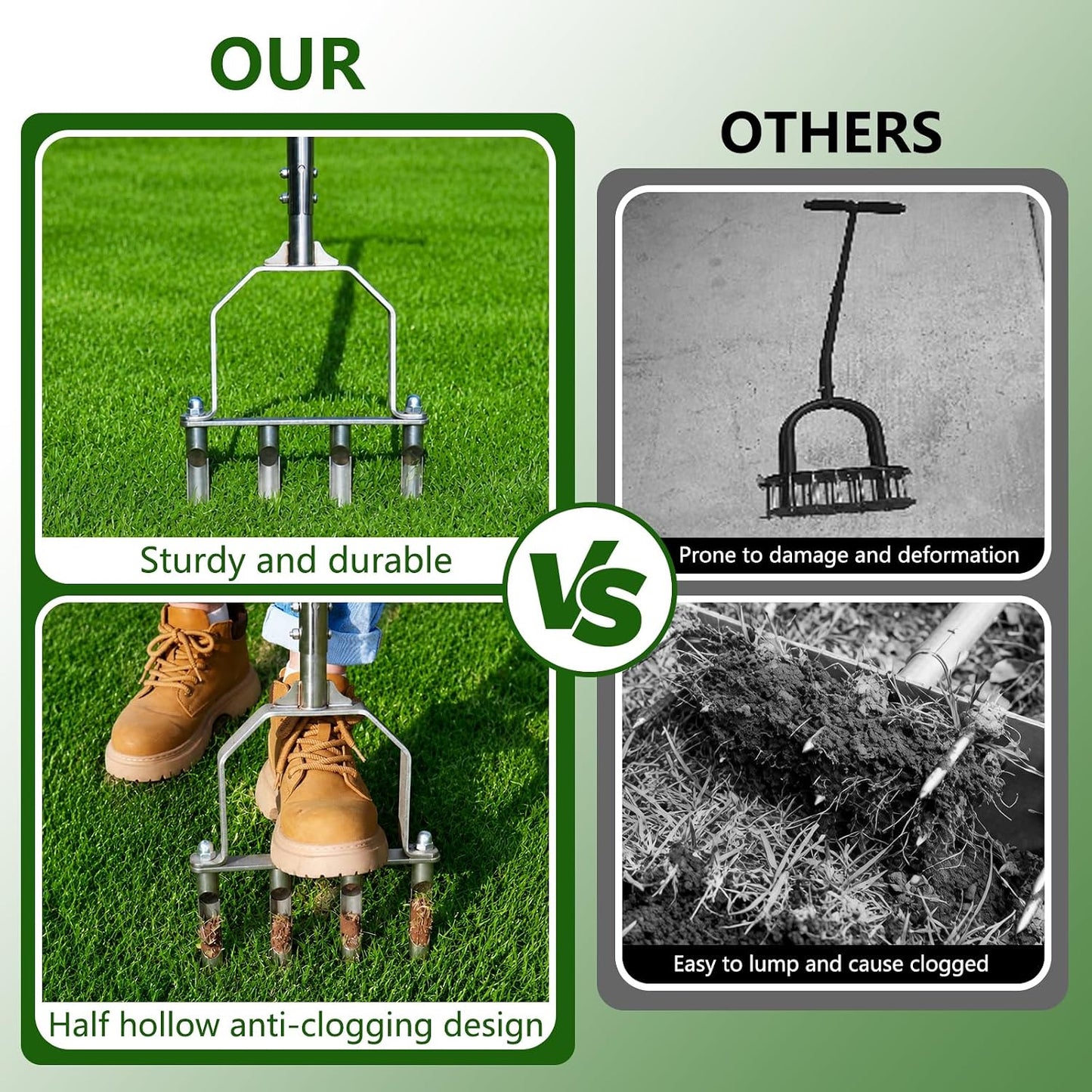Stainless Steel Aerator Lawn Tool, Manual Core Aerator with 4 Hollow Tines