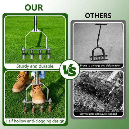Stainless Steel Aerator Lawn Tool, Manual Core Aerator with 4 Hollow Tines