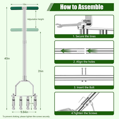 Stainless Steel Aerator Lawn Tool, Manual Core Aerator with 4 Hollow Tines