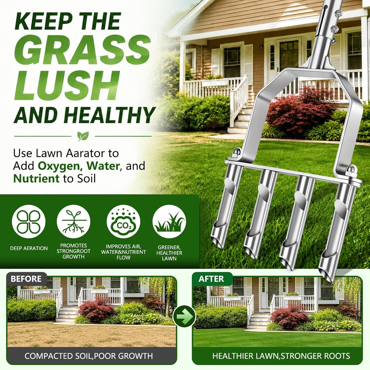 Stainless Steel Aerator Lawn Tool, Manual Core Aerator with 4 Hollow Tines