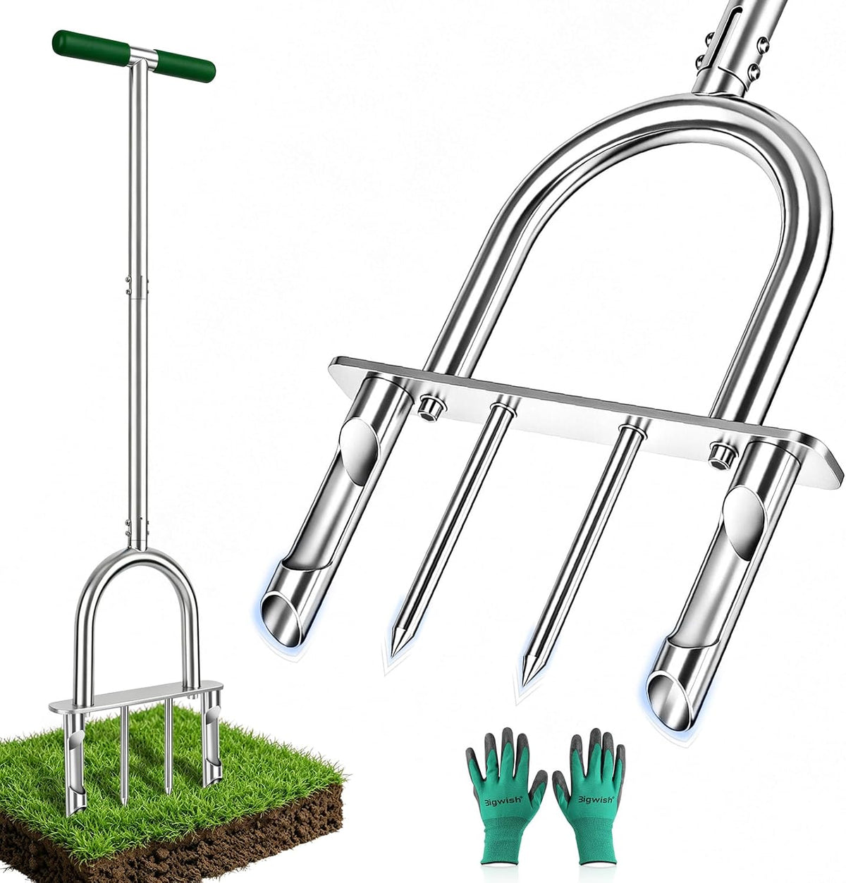 Stainless Steel Aerator Lawn Tool, Manual Core Aerator with 4 Hollow Tines