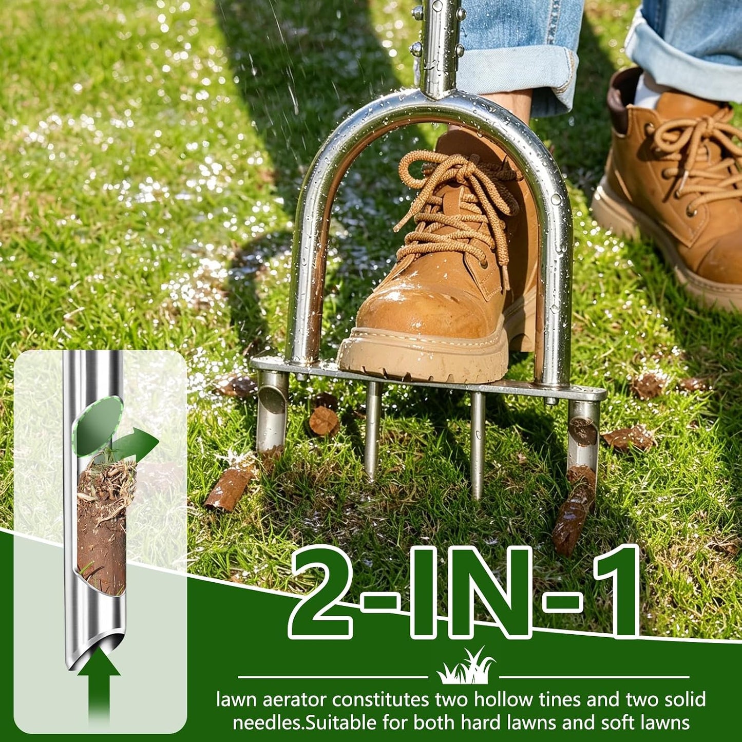 Stainless Steel Aerator Lawn Tool, Manual Core Aerator with 4 Hollow Tines