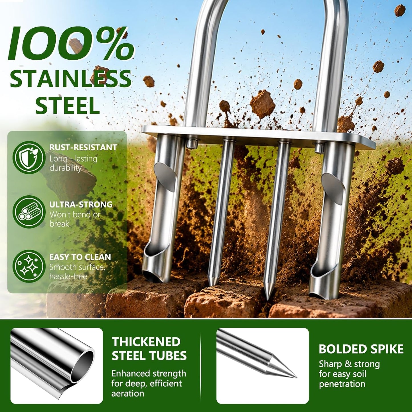 Stainless Steel Aerator Lawn Tool, Manual Core Aerator with 4 Hollow Tines