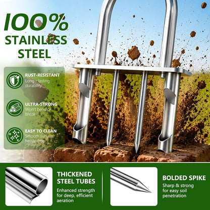 Stainless Steel Aerator Lawn Tool, Manual Core Aerator with 4 Hollow Tines