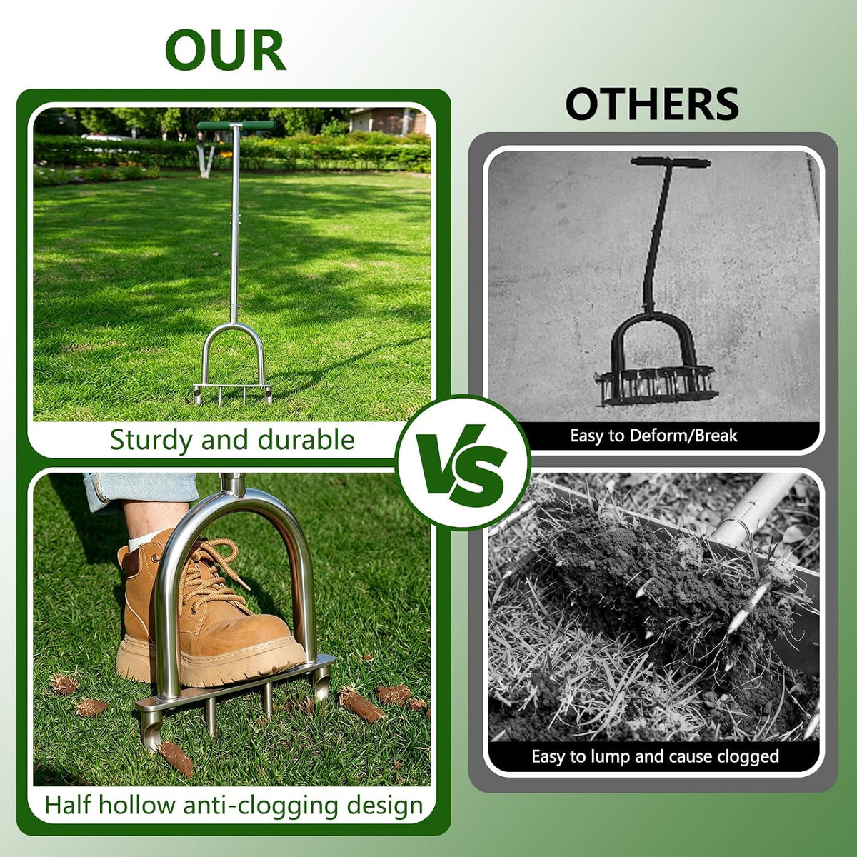 Stainless Steel Aerator Lawn Tool, Manual Core Aerator with 4 Hollow Tines