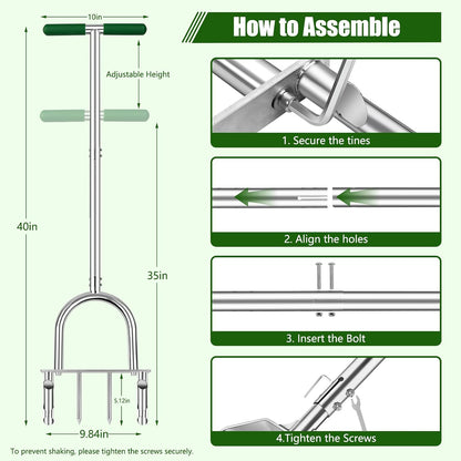 Stainless Steel Aerator Lawn Tool, Manual Core Aerator with 4 Hollow Tines