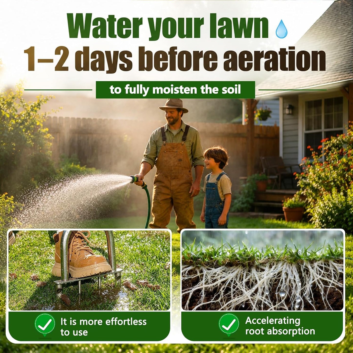 Stainless Steel Aerator Lawn Tool, Manual Core Aerator with 4 Hollow Tines