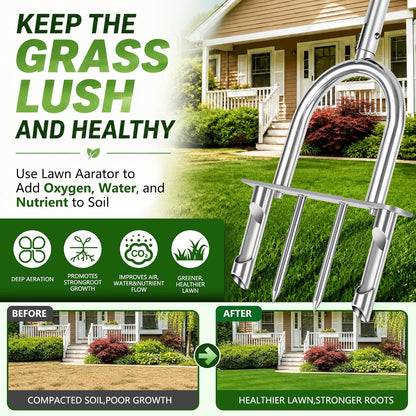 Stainless Steel Aerator Lawn Tool, Manual Core Aerator with 4 Hollow Tines