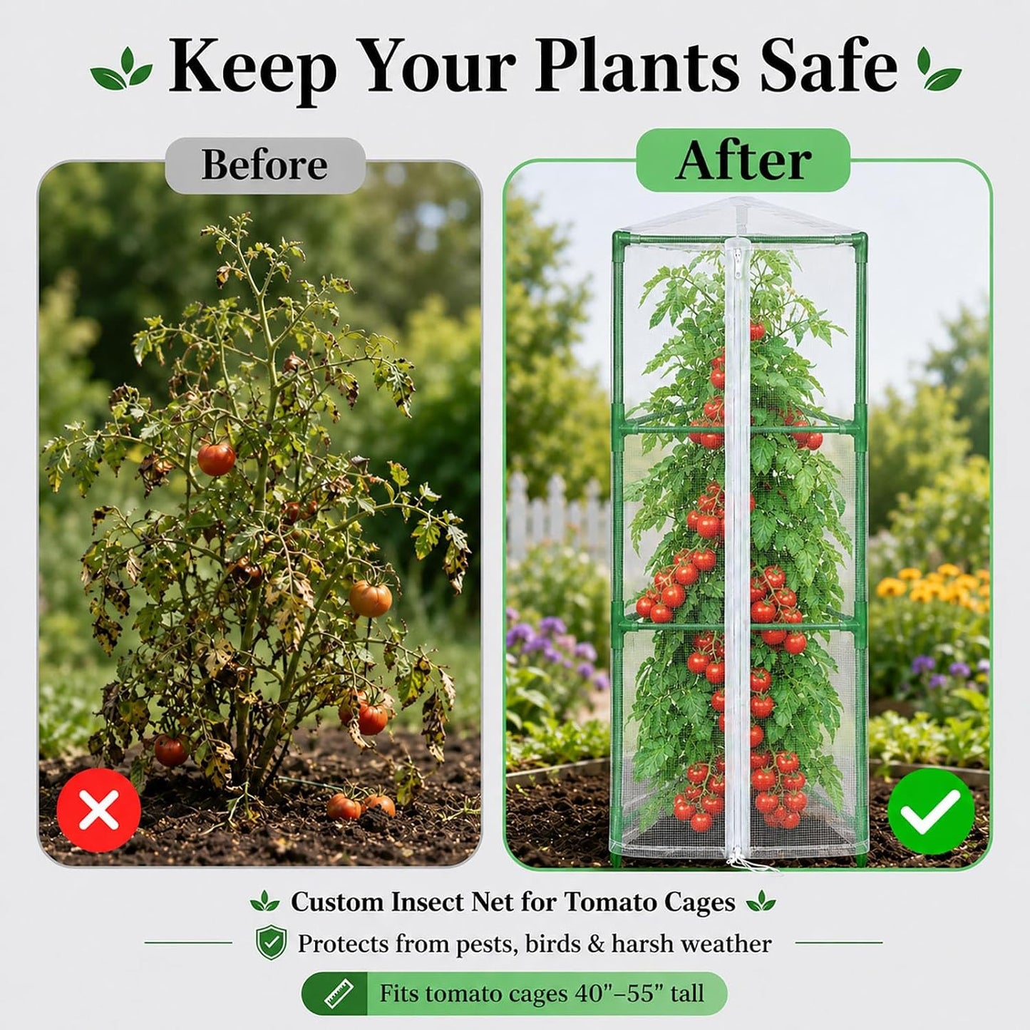 Garden Tomato Plant Cover Netting, Fits 40–55" Tomato Cages