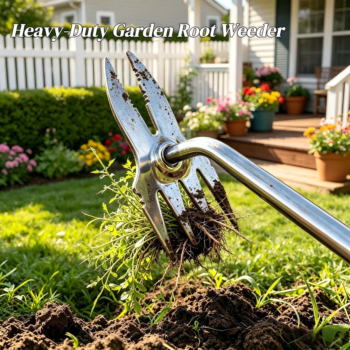 Dual Head 2-in-1 Hand Weed Puller, Heavy Duty Stainless Steel 4-Tine Weeding Tool, Ergonomic Non-Slip Deep Root Weed Remover for Dandelion Crabgrass Thistle, Lawn Yard Patio Flower Beds