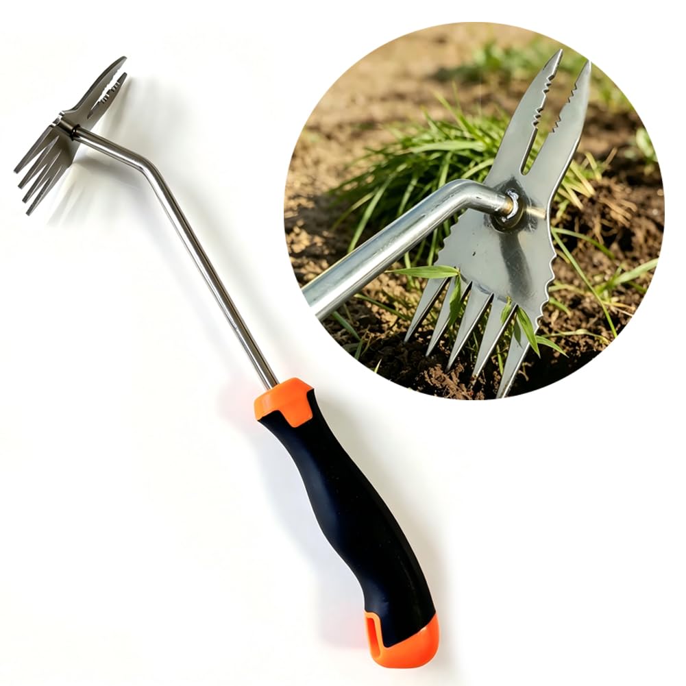 Dual Head 2-in-1 Hand Weed Puller, Heavy Duty Stainless Steel 4-Tine Weeding Tool, Ergonomic Non-Slip Deep Root Weed Remover for Dandelion Crabgrass Thistle, Lawn Yard Patio Flower Beds
