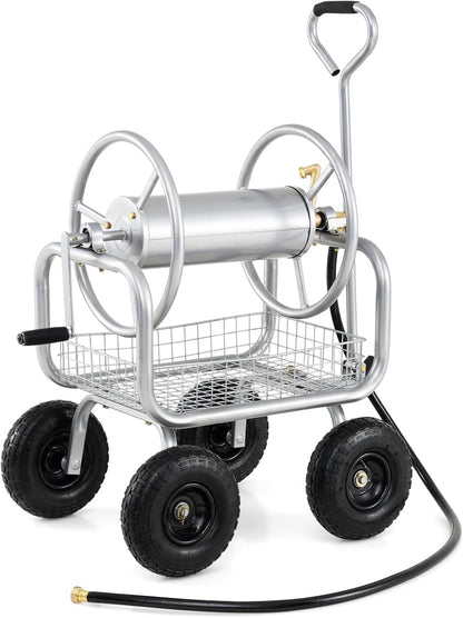 Garden Hose Reel Cart, 300ft 5/8" or 350ft 1/2", Heavy-Duty Metal Hose Cart w/4 Wheels, Storage Basket, Portable Water Hose Organizer for Yard Planting Lawn