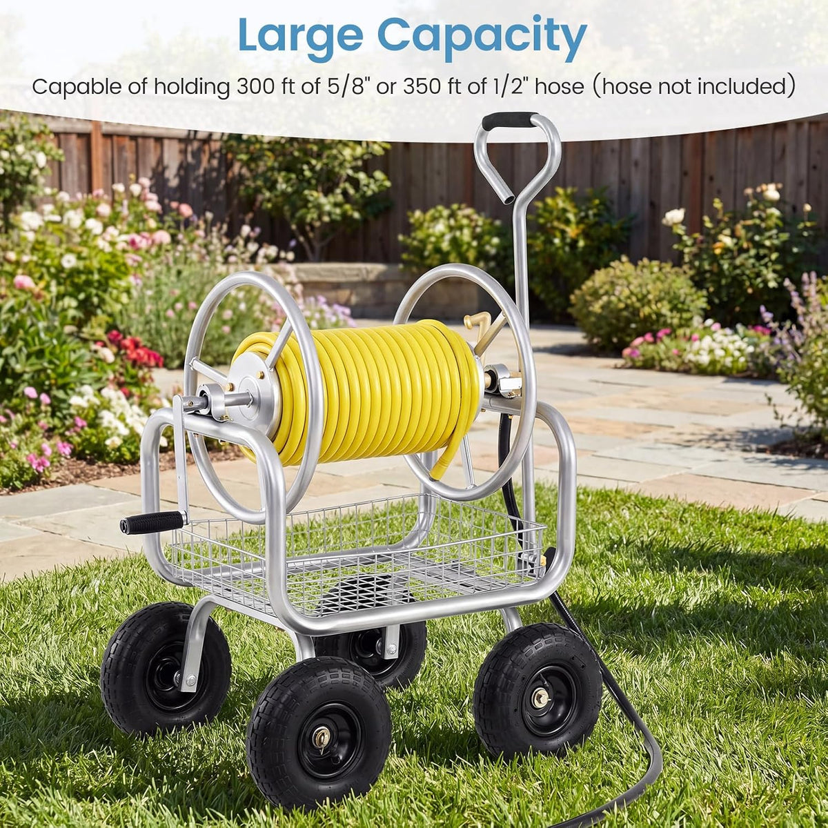 Garden Hose Reel Cart, 300ft 5/8" or 350ft 1/2", Heavy-Duty Metal Hose Cart w/4 Wheels, Storage Basket, Portable Water Hose Organizer for Yard Planting Lawn