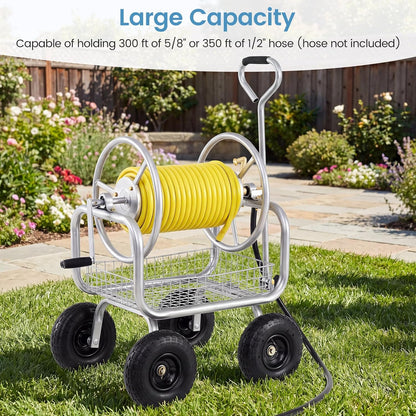 Garden Hose Reel Cart, 300ft 5/8" or 350ft 1/2", Heavy-Duty Metal Hose Cart w/4 Wheels, Storage Basket, Portable Water Hose Organizer for Yard Planting Lawn