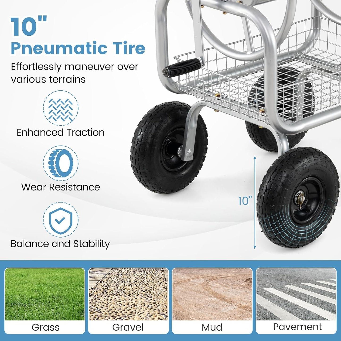 Garden Hose Reel Cart, 300ft 5/8" or 350ft 1/2", Heavy-Duty Metal Hose Cart w/4 Wheels, Storage Basket, Portable Water Hose Organizer for Yard Planting Lawn