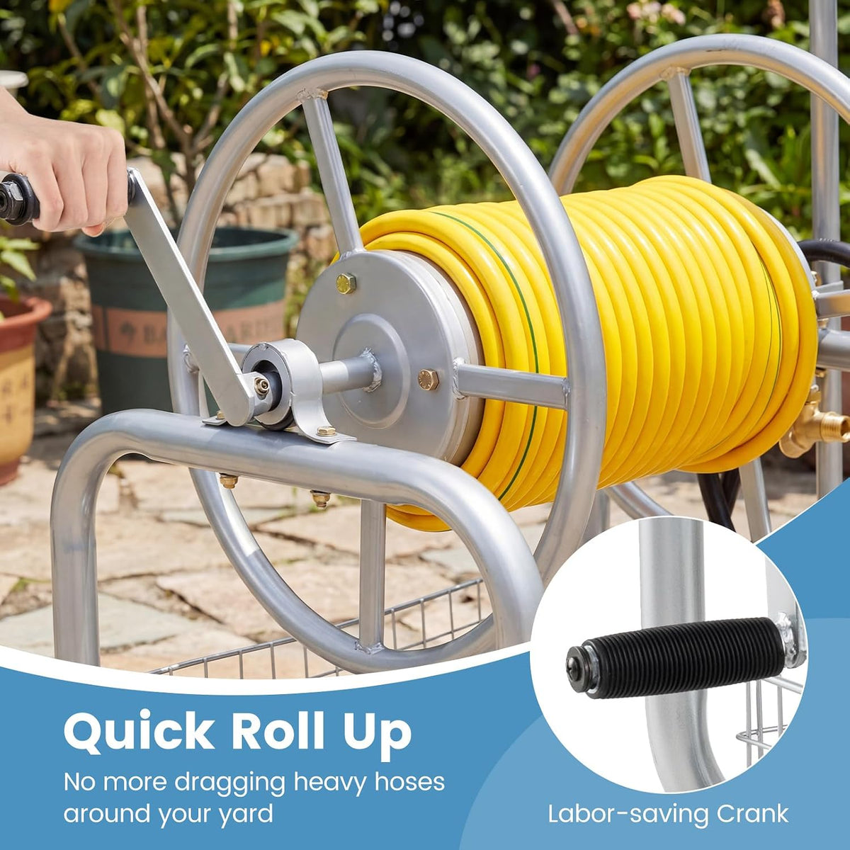 Garden Hose Reel Cart, 300ft 5/8" or 350ft 1/2", Heavy-Duty Metal Hose Cart w/4 Wheels, Storage Basket, Portable Water Hose Organizer for Yard Planting Lawn