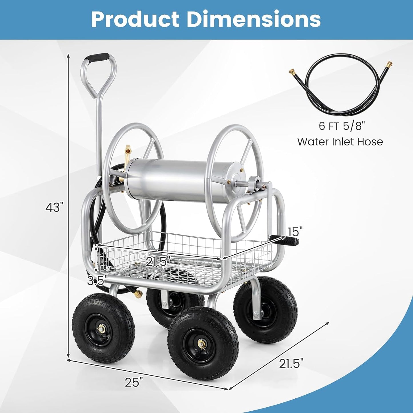 Garden Hose Reel Cart, 300ft 5/8" or 350ft 1/2", Heavy-Duty Metal Hose Cart w/4 Wheels, Storage Basket, Portable Water Hose Organizer for Yard Planting Lawn