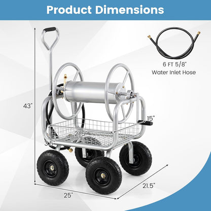 Garden Hose Reel Cart, 300ft 5/8" or 350ft 1/2", Heavy-Duty Metal Hose Cart w/4 Wheels, Storage Basket, Portable Water Hose Organizer for Yard Planting Lawn