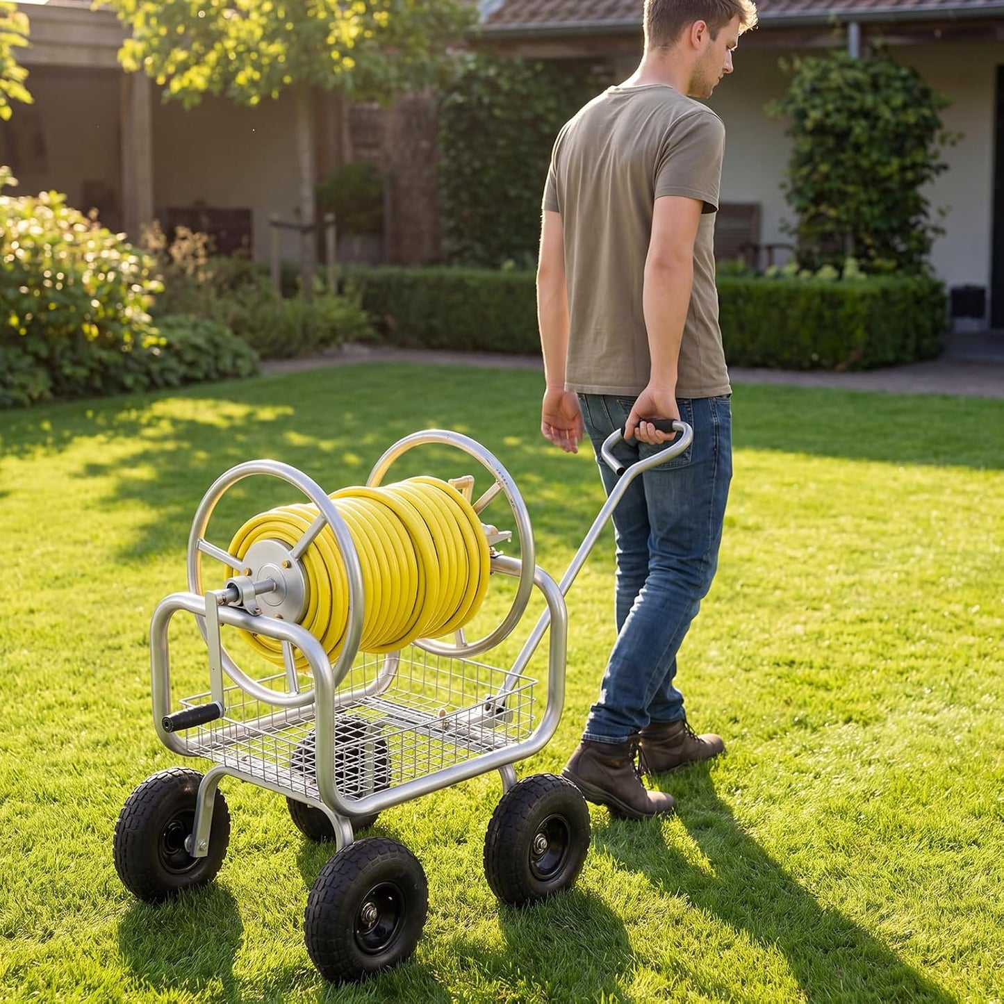 Garden Hose Reel Cart, 300ft 5/8" or 350ft 1/2", Heavy-Duty Metal Hose Cart w/4 Wheels, Storage Basket, Portable Water Hose Organizer for Yard Planting Lawn