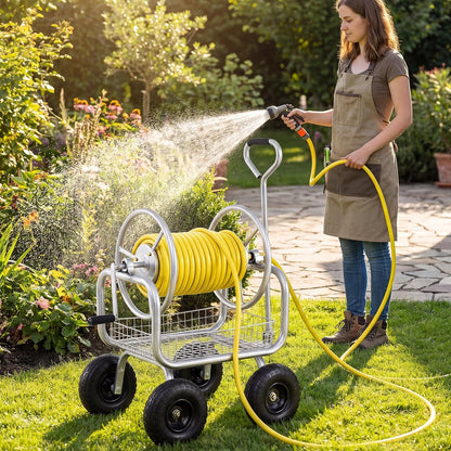 Garden Hose Reel Cart, 300ft 5/8" or 350ft 1/2", Heavy-Duty Metal Hose Cart w/4 Wheels, Storage Basket, Portable Water Hose Organizer for Yard Planting Lawn