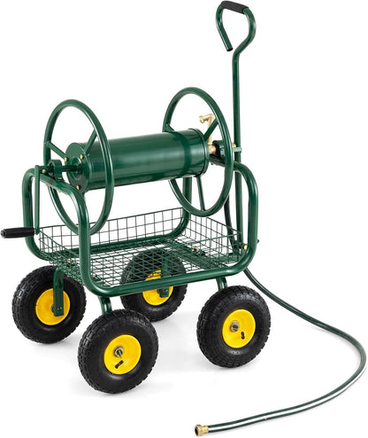 Garden Hose Reel Cart, 300ft 5/8" or 350ft 1/2", Heavy-Duty Metal Hose Cart w/4 Wheels, Storage Basket, Portable Water Hose Organizer for Yard Planting Lawn