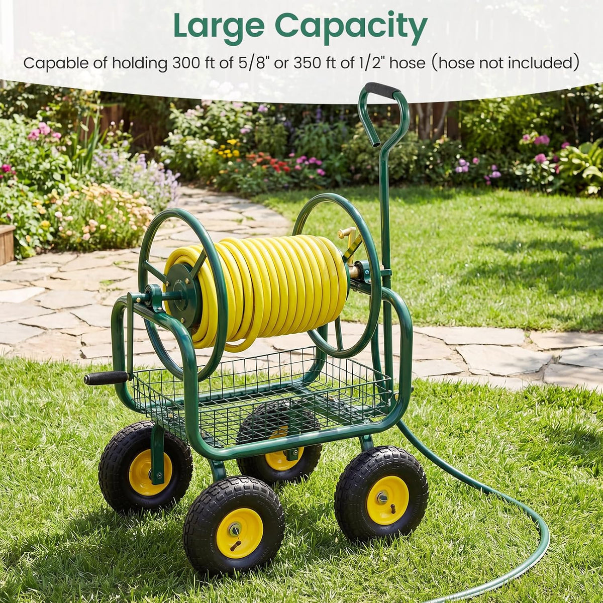 Garden Hose Reel Cart, 300ft 5/8" or 350ft 1/2", Heavy-Duty Metal Hose Cart w/4 Wheels, Storage Basket, Portable Water Hose Organizer for Yard Planting Lawn